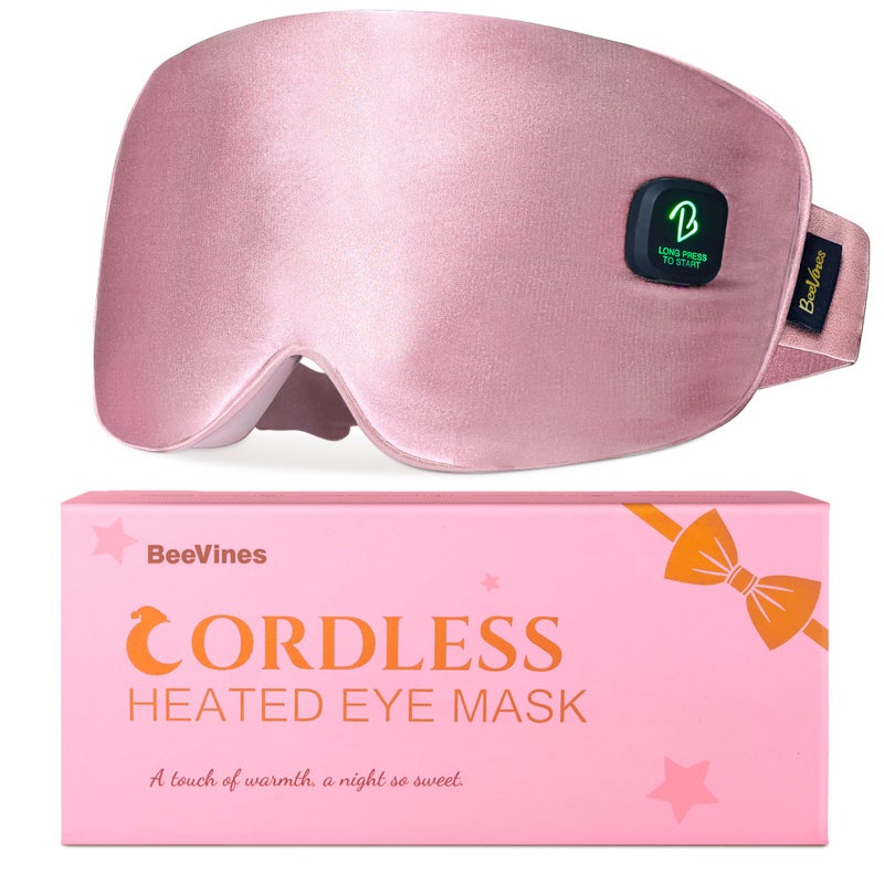 BeeVines Cordless Heated Eye Mask, Washable Heat Eye Masks for Dry Eyes Blepharitis, Light Blocking Warm Compress for Women, 1500mAh Rechargeable Eye Warmer with Travel Pouch (Pink)